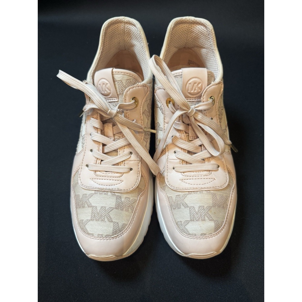 Michael Kors Muse Trainer Women's Low Top Lace Up Logo Sneakers Pink Gold Trim - Picture 4 of 14